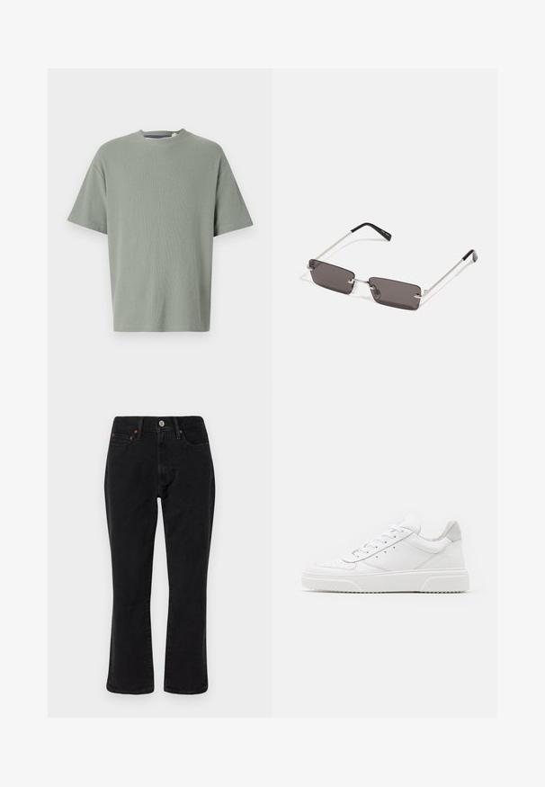 T-shirt de manga curta verde-oliva, com decote redondo, feita de tecido macio e texturizado. Design simples, sem padrões ou adornos visíveis.; Jeans de denim preto com um design de perna reta, estilo de cinco bolsos e ferragens metálicas com detalhes em cobre. Textura suave e altura média.; Ténis brancos em pele com acabamento suave, biqueira arredondada, atacadores planos e sola texturizada. Acento em camurça cinza na parte do calcanhar.; Óculos de sol com lentes retangulares, cinzentas escuras, armações em metal prateado e pontas em plástico preto nas hastes. Design leve com almofadas para o nariz.