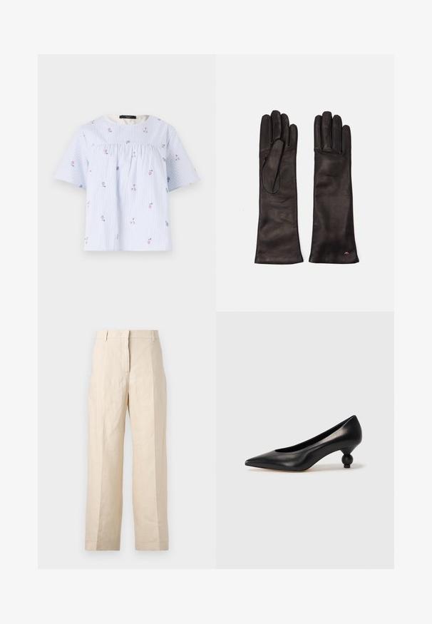 Blue and white striped short-sleeve blouse with floral embroidery, round neckline, and gathered detail along the front. Soft cotton material.; Beige linen trousers with a loose fit, pleated front, and straight legs. Features a waistband with belt loops and no visible pockets.; Black leather high heel shoe with a pointed toe and a round, balled heel. Smooth texture with a sleek, minimal design.; Weekend Max Mara SENAPE - Gloves - nero