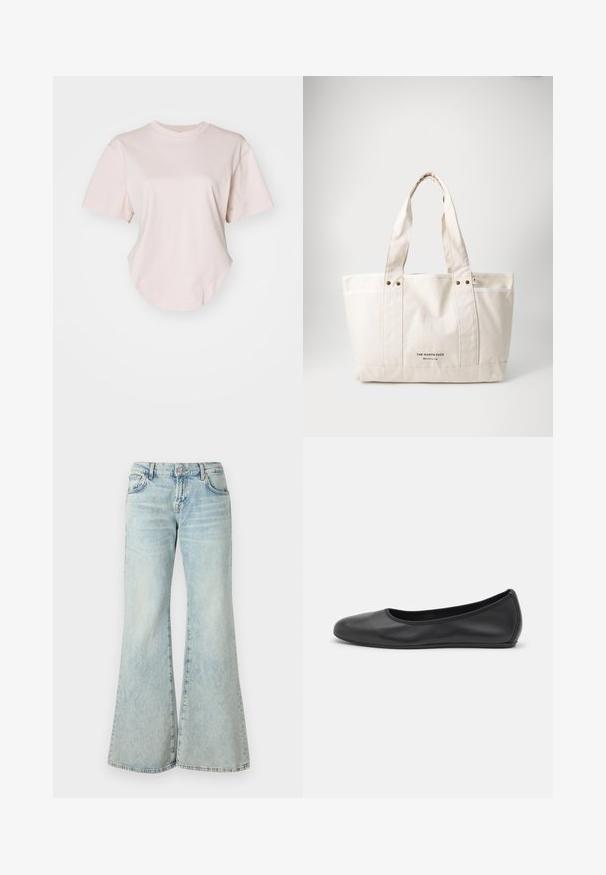 Šviesiai rožinė trumpųjų rankovių marškinėliai iš minkštos medvilnės. Yra apvalus apatinis kraštas, apvalus iškirpimas ir laisvas siluetas su nuleistomis pečių siūlėmis. Minimalistinis dizainas.; Šviesiai mėlynos plačios džinsinės kelnės, pasiūtos iš džinsinio audinio, turi aukštą liemenį, kišenes ir susidėvėjusius kraštus. Audinys yra šviesiai nuplautas ir šiek tiek tekstūruotas.; Juodai odiniai baletai su apvaliu pirštu, lygi texture, minimalus siuvimo detales ir lanksčiu padų dizainu.; Šviesiai kreminė drobės rankinė su dviem tvirtais rankenomis, kontrastingu balto apvadu ir logo "THE NORTH FACE" juoda spalva priekyje.