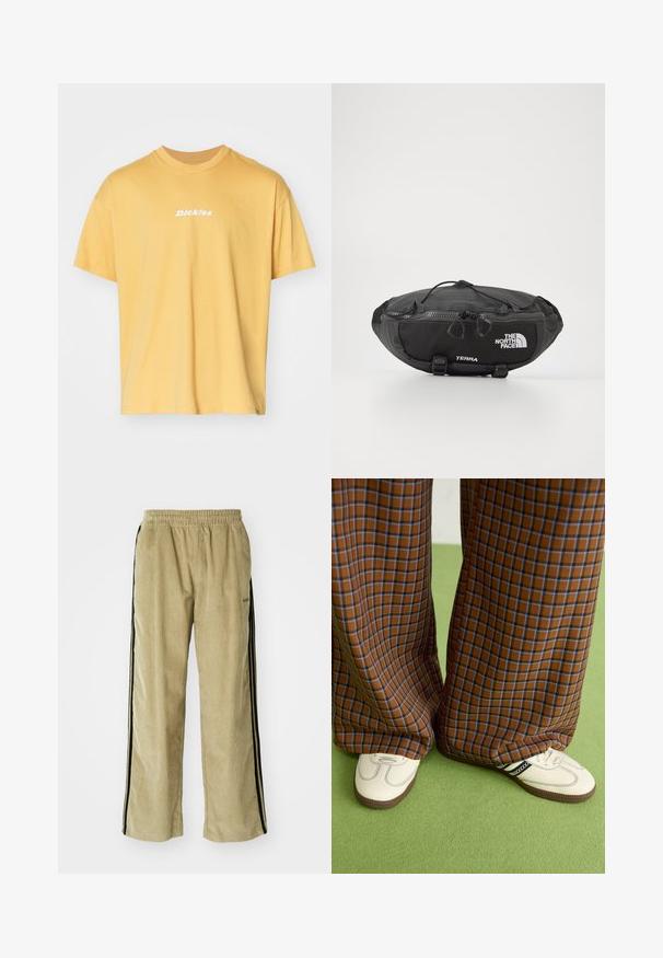 Yellow cotton t-shirt with short sleeves, crew neck design, features white "Dickies" logo on the front. Soft texture, relaxed fit.; Beige corduroy pants with an elastic waistband, featuring black side stripes. The fabric has a ribbed texture, slightly flared at the bottom.; Brown and blue plaid wide-leg trousers paired with white shoes featuring black accents and textured soles, set against a green background.; The North Face TERRA LUMBAR 3L UNISEX - Bum bag - asphalt grey/black