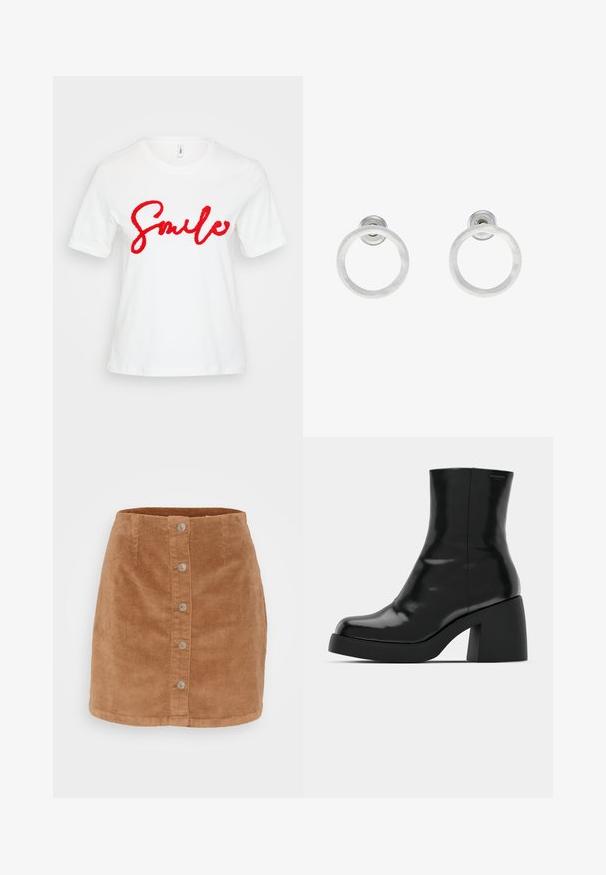 Balts kokvilnas T-krekls ar īsām piedurknēm un apaļu apkakli, ar izšuvumu sarkaniem slīprakstiem burtiem "Smile" uz priekšpuses.; Gaišbrūnas kordūras mini svārki ar pogu priekšpusi, septiņām sudraba krāsas pogām un teksturētu, ribotu audumu.; Melnas potītes zābaku ar spīdīgu apdari, kvadrātveida pirkstu un biezu bloku papēdi. Dizainā ir bezšuvju siluets un minimāla zīmola identitāte.; Sudraba metāla gredzenveida auskari ar matētu faktūru, ar apaļu dizainu un caurspīdīgu aizdari, lai nodrošinātu drošu valkāšanu.
