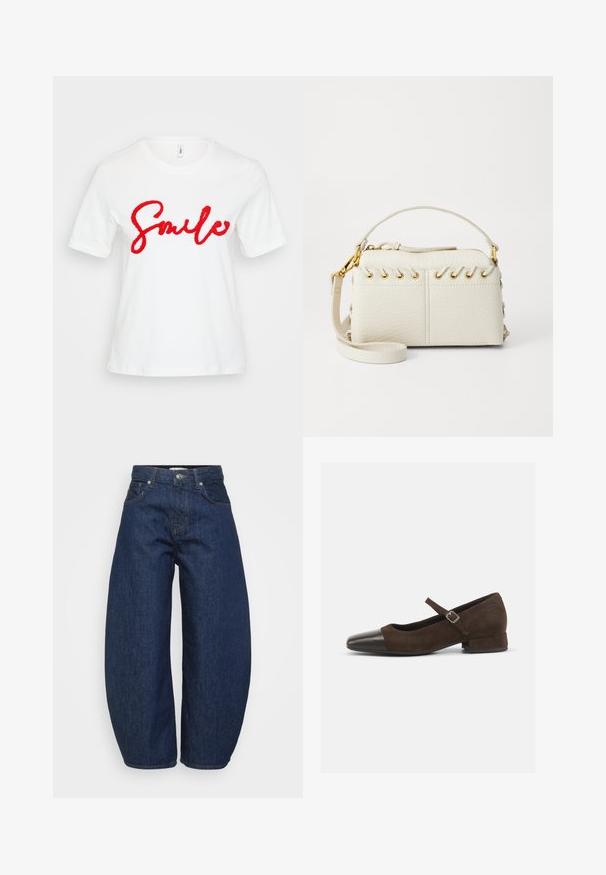 Bílá bavlněná tričko s krátkými rukávy a kulatým výstřihem, se vyšitým červeným křivým textem "Usmívej se" přes přední stranu.; Džíny s vysokým pasem, tmavě modré, široké nohavice, zapínání na přední knoflík a zip, a klasický pětikapsový design.; Hnědé semišové boty Mary Jane s černým lakovaným špičkou, nastavitelným páskem a nízkým blokovým podpatkem. Hladká textura s minimálními akcenty.; Bílá kabelka z umělé kůže s horním zipem, krátkým uchem a odnímatelným popruhem přes rameno se zlatým kováním. Detail šněrování po stranách.; Stříbrný kruhový náušník s lesklým povrchem, zdobený malými zlatými akcenty, v kulatém tvaru, nošený na lalůčku.