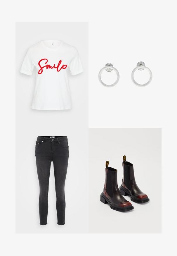 Balts kokvilnas T-krekls ar īsām piedurknēm un apaļu apkakli, ar izšuvumu sarkaniem slīprakstiem burtiem "Smile" uz priekšpuses.; Melni skinny džinsi, izgatavoti no denima. Iespējama priekšējā pogu aizdare un iešūta kabata jostasvietā. Gluda tekstūra ar minimālu izbalēšanu.; Dr. Martens MAYBOLE CHELSEA - Puszābaki ar platformu - black/cherry red; Sudraba metāla gredzenveida auskari ar matētu faktūru, ar apaļu dizainu un caurspīdīgu aizdari, lai nodrošinātu drošu valkāšanu.