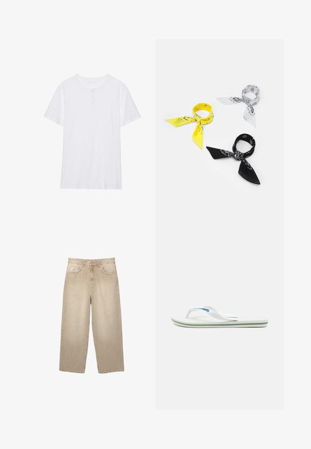 Bílá krátká rukávová tričko s kulatým výstřihem, tříknoflíkovou légou a měkkou bavlněnou tkaninou. Bez vzorů nebo grafik.; Béžové džíny s širokými nohavicemi a vysokým pasem, se třepeným lemem, dvěma předními kapsami a jemnými stehy.; Bílé žabky s texturovanou podešví, úzkými pásky a vícebarevnou ozdobnou linkou na podrážce. Na pásku je umístěno logo.; Tři bandany: jedna žlutá s černými vzory, jedna bílá s černými designy a jedna černá s bílými grafikami. Všechny jsou čtvercové, vyrobené z lehkého materiálu.