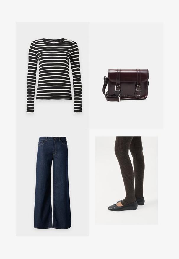 Zwart-wit horizontaal gestreepte longsleeve crew neck shirt met een aansluitende pasvorm.; Stijlen met wijde pijpen in donkerblauw denim. Kenmerkt zich door contrasterende stiksels, vijf zakken en een knoopsluiting in de taille. Soepele textuur.; Zwarte platte schoenen met een kleine strikdetail op de neus, gecombineerd met donkerbruine geribbelde panty’s. De schoenen hebben een gladde textuur en een lage profiel.; Bordeaux patent leren crossbody tas met een rechthoekige vorm, twee banden, zilveren hardware en een klep sluiting.