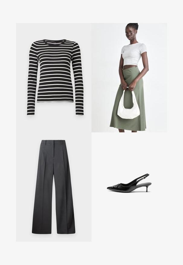 Melnbaltā horizontāli strīpainā garām piedurknēm kreklā ar pieguļošu siluetu.; Platās kājas bikses tumši pelēkā audumā, ar augstu jostasvietu, ar vienu uzpūstu vīli un gludu tekstūru ar tīru apdari ap malām.; Melni ādas sandales ar norādītu pirkstu, mazu kaķa papēdi un dekoratīvu mezglu detaļu priekšā. Gluda tekstūra visā virsmā.; Pelēks ribots īsais tops un olīvzaļš augstās vidukļa svārki. Modelis tur baltu plecu somu ar izgriezumiem. Vienkāršs dizains, pieguloša silueta.