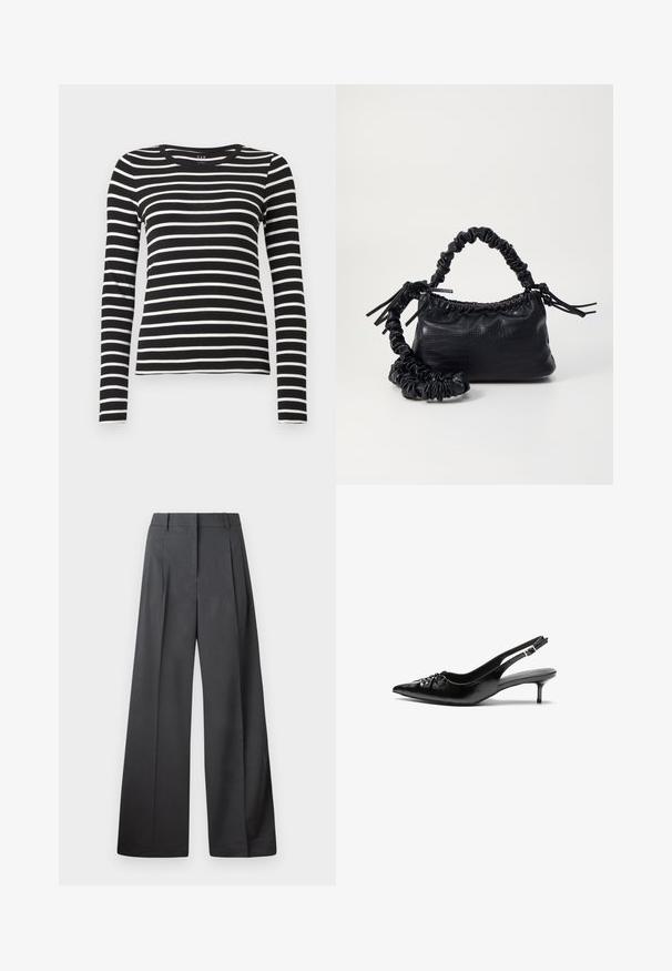 Black and white horizontally striped long-sleeve crew neck shirt with fitted silhouette.; Wide-leg trousers in dark gray fabric, featuring a high waist, single pleats, and a smooth texture with a clean finish at the hems.; Black leather slingback heels with a pointed toe, small kitten heel, and a decorative knot detail on the front. Smooth texture throughout.; Black faux leather handbag with a crocodile texture, cinched top, and a scrunched strap. Appears soft and compact in design.