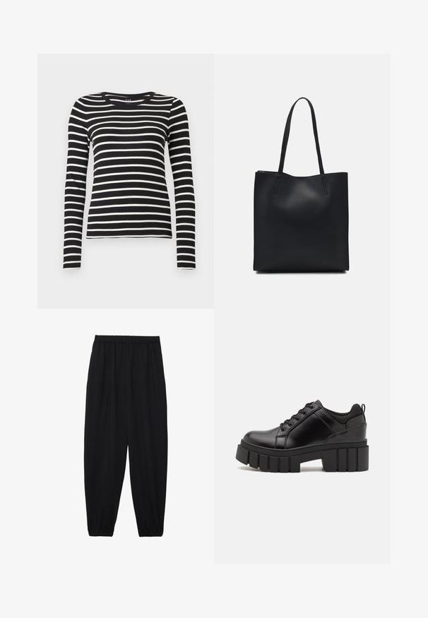 Camisa de manga longa com riscas horizontais em preto e branco, com um corte ajustado.; Calças pretas, leves, com um cinto elástico e punhos franzidos. O tecido é suave e apresenta um design relaxado e afunilado.; Sapatos de plataforma em couro preto com um salto bloco robusto, bico redondo e design clássico de atacadores. Apresentam uma textura suave e detalhes mínimos.; Bolsa tote preta em couro com textura lisa, forma retangular e duas alças longas. Sem hardware ou enfeites visíveis.