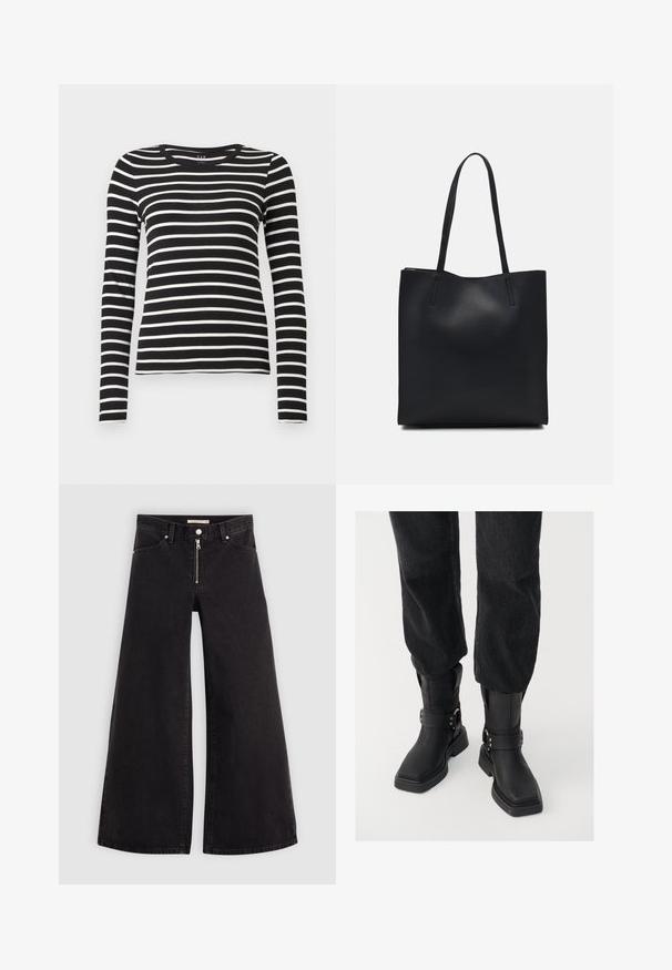 Camisa de manga longa com riscas horizontais em preto e branco, com um corte ajustado.; Calças de ganga de perna larga em denim preto com fecho éclair à frente, design de cinco bolsos e detalhes de costura subtil. Textura suave e estilo casual.; Botas de tornozelos em couro preto com bico quadrado, apresentando uma faixa larga e detalhe em fivela metálica. As botas têm uma sola robusta e textura suave.; Bolsa tote preta em couro com textura lisa, forma retangular e duas alças longas. Sem hardware ou enfeites visíveis.