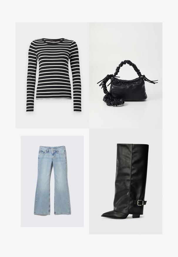 Schwarz-weiß gestreiftes Langarmshirt mit Rundhalsausschnitt und figurbetonter Silhouette.; Weekday NOVA - Jeans Slim Fit - lip blue; Schwarze Lederstiefeletten in Knöchellänge mit spitzem Zehenbereich, glatter Oberfläche und silberner Schnallenakzent an der Seite. Massiver, quadratischer Absatz.; Schwarze Handtasche aus Kunstleder mit Krokodilstruktur, gerafftem oberen Teil und einem geschoppten Tragegurt. Sie wirkt weich und kompakt im Design.