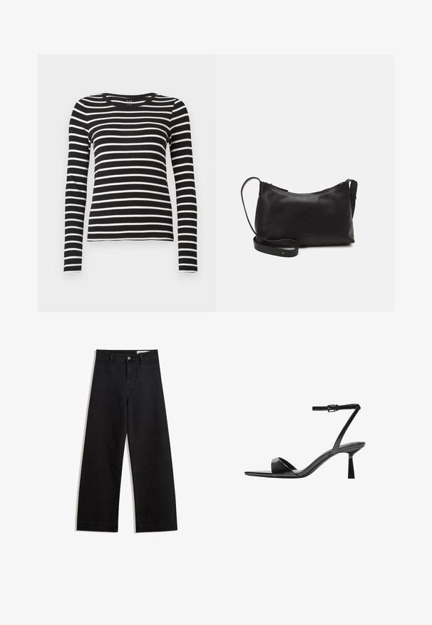 Black and white horizontally striped long-sleeve crew neck shirt with fitted silhouette.; Black wide-leg denim pants with a high waist, featuring front and back pockets, stitched seams, and a button closure. Smooth texture.; Bershka High heeled sandals - black; Black leather shoulder bag with a smooth texture, curved shape, adjustable strap, and a zip closure. Minimalist design without embellishments.