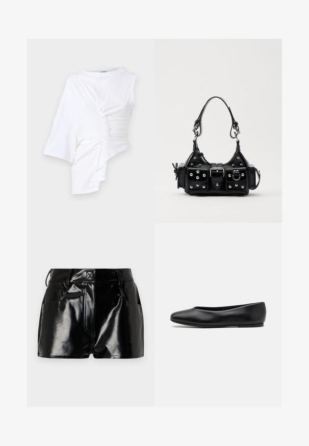 Bela asimetrična majica s kratkimi rokavi, ki ima naborke na eni strani in okrogli ovratnik. Narejena je iz mehke, lahko tkanine.; Črne, sijoče kratke hlače iz sintetičnega materiala. Imajo prilegajoč pas, zanke za pas in sprednje žepe z izrazitimi šivi.; Paul Smith TOPANGA - Balerinke - black; Črna usnjena torbica s ukrivljenim dizajnom, ki vsebuje srebrne žebljičke, zaponko in dve stranski žepki. Nastavljiv trak za različne možnosti nošenja.