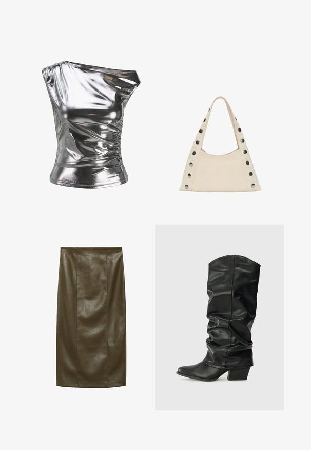 Metallic hopeanvärinen paita, jossa on yhden olkapään muotoilu, rypytetty pinta ja mukautuva siluetti, valmistettu kiiltävästä, venyvästä kankaasta.; Olivi vihreä tekonahkainen kynähame, jossa on sileä pinta, polvipituinen, ja siinä on pystysaumat, jotka antavat räätälöidyn ilmeen.; Mustat nahkaiset polvipituiset saappaat, joissa on renksumainen muotoilu, terävä kärki ja paksu korko, jotka omaavat sileän pinnan ja minimaalisen ompeleen.; PULL&BEAR SHOULDER - Shopping bag - beige