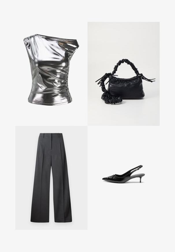 Top metálico plateado con un diseño de un solo hombro, textura arrugada y silueta ajustada, hecho de un tejido brillante y elástico.; Pantalones de pierna ancha en tejido gris oscuro, con una cintura alta, pliegues simples y una textura suave con un acabado limpio en los dobladillos.; Tacones slingback de cuero negro con punta afilada, pequeño tacón kitten y un detalle de nudo decorativo en la parte frontal. Textura suave en toda la superficie.; Bolso de mano de imitación cuero negro con textura de cocodrilo, parte superior fruncida y correa arrugada. Presenta un diseño suave y compacto.