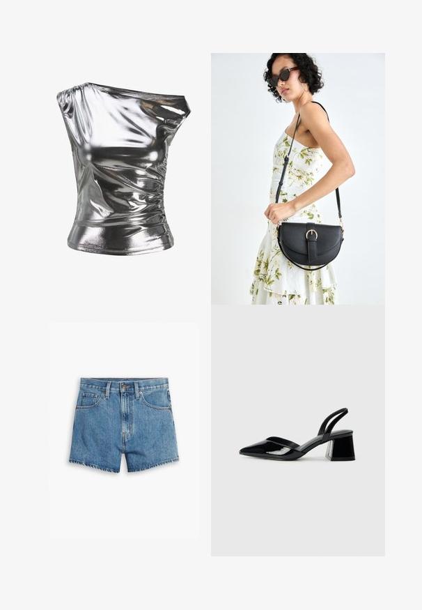 Top metálico plateado con un diseño de un solo hombro, textura arrugada y silueta ajustada, hecho de un tejido brillante y elástico.; Pantalones cortos de denim en azul claro, con cinco bolsillos, cremallera y cierre de botón. El dobladillo está deshilachado y tiene un diseño de ajuste relajado.; Zapatos de tacón slingback de charol negro con punta afilada y tacón geométrico en bloque. Presentan un diseño elegante y minimalista, así como una textura suave.; Bolso de piel negra con forma curva, correa desmontable y herrajes dorados. El bolso cuenta con una solapa con un detalle de hebilla.