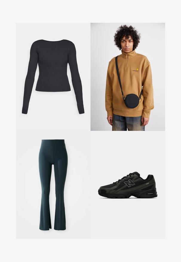 Čierny dlhý rukáv s priliehavým strihom, okrúhlym výstrihom a hladkým povrchom. Žiadne viditeľné vzory ani kovové doplnky.; Tmavomodré legíny s rozšírením, vysokým pásom a elastickým materiálom. Obsahujú nenápadný detail loga blízko pása. Hladká textura.; Čierne športové topánky s textúrovaným syntetickým zvrškom, vybavené polstrovanou podrážkou a výrazným logom "N" na boku. Dizajn zahŕňa ľahké mäkké časti.; Hnedý mikina s štvrťzipom z fleecu s vyšitým logom, so čiernou okrúhlou crossbody taškou so zipsom a detailom loga, nosená cez denim.