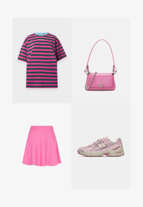 Korte mouwen T-shirt met horizontale roze en groene strepen, van katoen, ronde kraag met lichtblauwe rand, geborduurd "STIEGLITZ" logo.; Roze gebreide rok met een aansluitende tailleband en een uitlopende vorm, gemaakt van zachte stof die een soepele textuur toevoegt.; Roze en beige New Balance 740 sneaker met een bovenwerk van mesh en kunstleer, vetersluiting en een gevoerde zool, weergegeven in zijprofiel.; Roze gepatineerde lederen handtas met een rechthoekige vorm, afneembare kettingriem en zilveren hardware detail aan de voorkant.