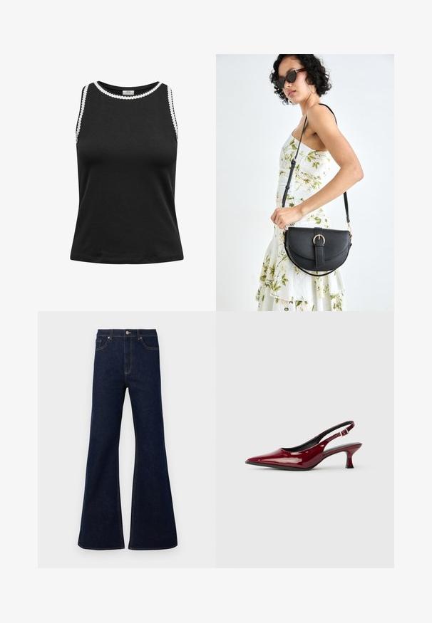 Čierny bezrukávový top vyrobený z jemnej tkaniny, s okrúhlym výstrihom a bielymi vykrojenými detailami pozdĺž okrajov.; Tmavomodré rozšírené džíny s vysokým pásom, prednými vreckami a zlatými stehmi. Hladká textúra s tradičným strihom.; Burgundské patentované kožené slingback podpätky s špicatou špičkou a elegantným stiletto podpätkom. Dizajn s otvorenou zadnou časťou s nastaviteľným detailom na členkovom remienku.; Čierna kožená kabelka s zaobleným tvarom, odnímateľným popruhom a zlatými doplnkami. Kabelka má klopu s detailom s prackou.