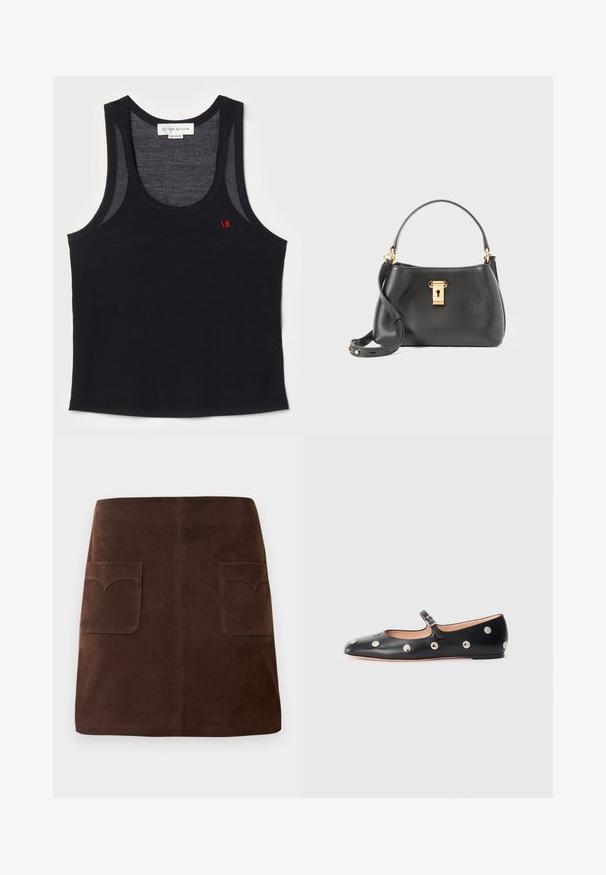 Czarny top na ramiączkach wykonany z gładkiego materiału, posiadający okrągły dekolt, przezroczyste akcenty na ramionach oraz małe czerwone logo z boku.; Brązowa zamszowa spódnica w klasycznym kształcie A, z dwiema przednimi kieszeniami z zaokrąglonymi klapami i subtelnymi detalami szewnymi.; Czarne skórzane buty typu Mary Jane na płaskim obcasie z zaokrąglonym czubkiem, ozdobione srebrnymi okrągłymi ćwiekami oraz regulowanym paskiem z klamrą.; Czarna skórzana torebka o teksturowanym wykończeniu, z zamknięciem na złoty zamek, krótkim uchwytem i odczepianym paskiem na ramię.