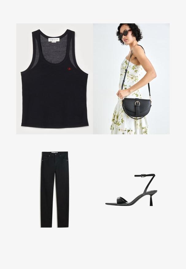 Črn top brez rokavov iz gladkega materiala, z zaobljenim izrezom, prozornimi ramenimi dodatki in majhnim rdečim logotipom ob strani.; Črne jeans hlače s ravnim krojem, petimi žepi, kovinskim gumbom za zapiranje in subtilnimi šiviljskimi podrobnostmi. Gladka tekstura.; Bershka Sandali z visoko peto - black; Črna usnjena torbica s ukrivljeno obliko, z odstranljivo naramnico in zlatimi dodatki. Torbica ima pokrov s podrobnostmi v obliki zaponke.