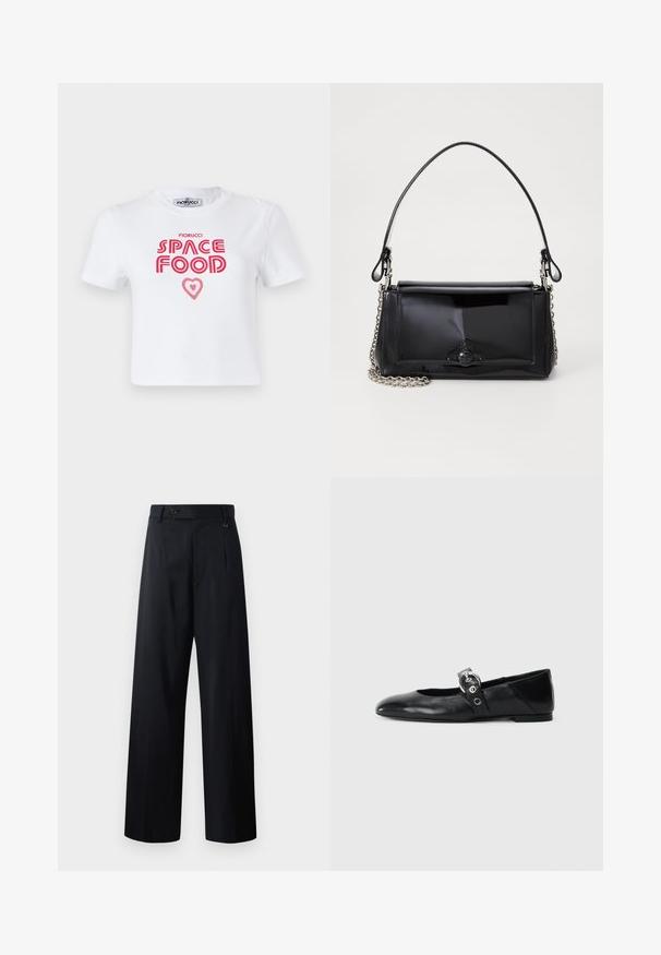 White cotton t-shirt featuring red graphic text that reads "SPACE FOOD" with a heart accent, short sleeves, and a crew neckline.; Wide-leg trousers in dark navy, featuring a button closure, front pleats, and smooth fabric with a clean, tailored design.; Black leather ballet flats with a pointed toe, featuring a strap with a circular metallic buckle and a flat sole.; Black patent leather handbag with a rectangular shape, chain strap, and a distinctive hardware accent in the center. Smooth texture.