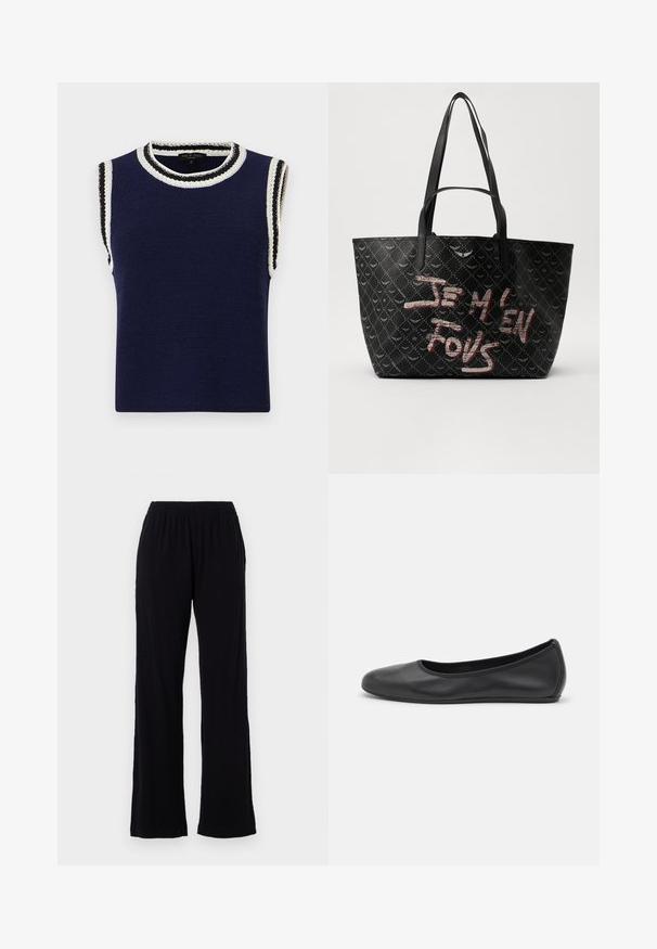 rag & bone MEGHAN VEST - Top - navy; Black, lightweight, elastic waist pants with a straight leg design. Soft texture with no visible patterns or accents. Simple and versatile style.; Black leather ballet flat with a rounded toe, smooth texture, minimal stitching detail, and a flexible sole design.; Black tote bag with textured material featuring a diamond pattern, shoulder straps, and bold red and white text reading “JE M'EN FOUS.”