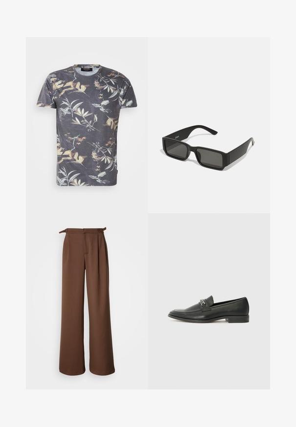 Short-sleeve t-shirt in dark gray with a multi-colored botanical print, featuring leaves and branches, round neckline, and standard fit.; Wide-leg trousers in brown, made from soft fabric. Features a high waist with pleats and side ties, offering a relaxed fit and smooth texture.; Black leather loafer with a smooth finish, featuring a stitched design and a decorative metal chain accent across the vamp. Flat heel.; Black sunglasses with rectangular lenses, matte plastic frame, and straight edges. Features brand logo on the inner arm.