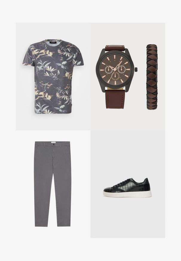 Majica s kratkim rukavima u tamnosivoj boji s višebojnom botaničkom grafikom koja prikazuje lišće i grane, okrugli izrez i standardni kroj.; Sive pamučne hlače uskog kroja, s dva prednja džepa, jednim stražnjim džepom i kopčanjem na dugme u struku.; Crne tenisice s teksturiranom gornjom površinom od kože s uzorkom krokodila, zaobljenim vrhom i kontrastnom bijelom gumenom potplatom s glatkom završnom obradom.; Pier One SET - Ručni sat - black/brown
