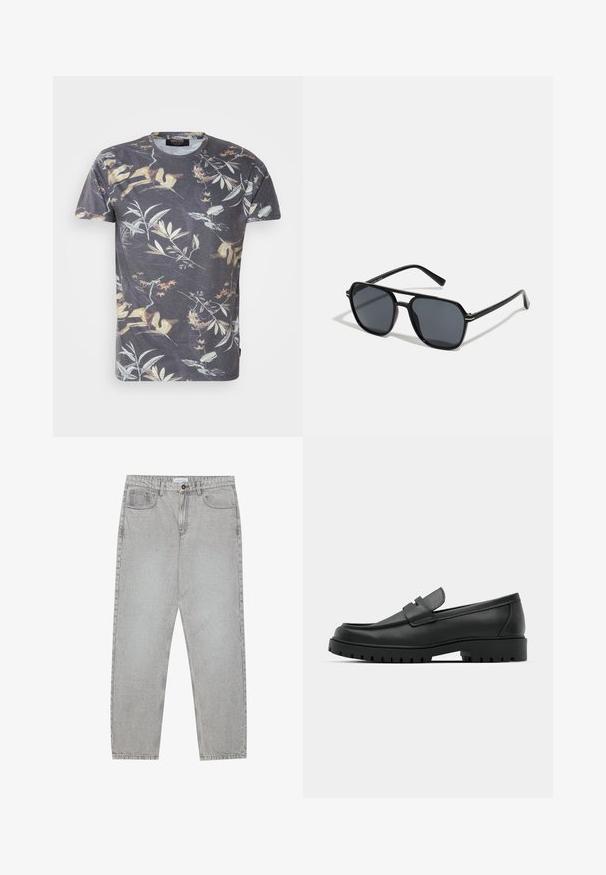 T-shirt s krátkym rukávom v tmavosivej farbe s viacfarebnou botanickou potlačou, obsahujúcou listy a vetvy, s okrúhlym výstrihom a štandardným strihom.; Svetlošedé denimové nohavice s rovným strihom, piatimi vreckami a zapínaním na gombík. Viditeľné švy pozdĺž švov.; Čierne kožené mokasíny s okrúhlou špičkou, s prešitým dizajnom, nízkou platformou a textúrovanou, zúbkovanou gumovou podrážkou.; Čierne slnečné okuliare s osemuholníkovým rámom, tmavými sklami, lesklým povrchom, tenkými rámčekmi a zlatými akcentmi na prednej strane.