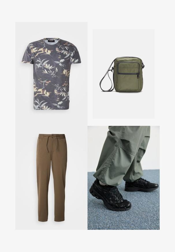 Lühikeste varrukatega tumehall t-särk, millel on mitmevärviline botaaniline print, mis kujutab lehti ja oksi, ümmargune kaelus ja standardne lõige.; Pruunid, kitsa säärega trenningpüksid, millel on elastne vöökoht ja tõmb Strings. Pehme, sile tekstuur, küljetaskud ja lihtne disain.; Mustad mustad jooksukingad läikiva ja võrgumaterjaliga tekstuuriga, paksu tallaga ja paeltega, koos lodevate oliiviroheliste cargo-pükstega.; Oliivroheline rippkott sileda tekstuuriga, millel on ees luku-tasku ja reguleeritav rihm. Valmistatud vastupidavast nailonmaterjalist.