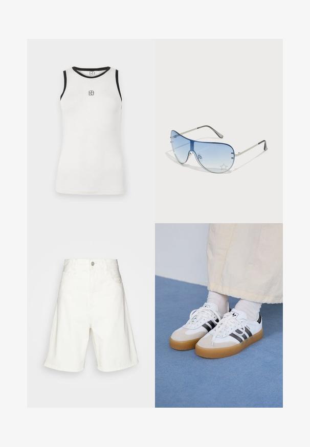 Bijela majica bez rukava s crnim rubovima oko dekoltea i armana. Sadrži mali crni logo na prednjoj strani. Mekani pamučni materijal.; Bijele traperice s visokim strukom, s prednjim kopčanjem na dugme, dva bočna džepa i opuštenim krojem. Glatka tekstura bez vidljivih uzoraka.; Bjele tenisice s crnim prugama i bež suknjom. Imaju teksturiranu gumu potplat i ravne bijele vezice, nošene uz svijetle čarape.; Naočale tipa avijatičar s gradijentnim plavim staklima, okvirom od srebrnog metala i dekorativnim zvjezdastim naglascima na staklima. Glatki i elegantni dizajn.