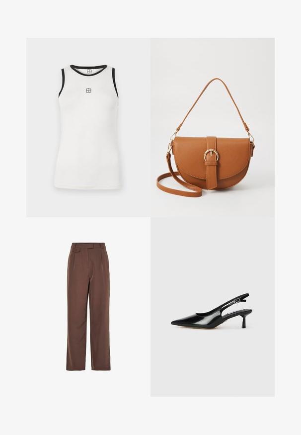 Hvid ærmeløs tanktop med sort kant rundt om halsudskæringen og armhullerne. Har et lille sort logo foran. Blødt bomuldsstof.; Brune vævede bredbenede bukser med høj talje, frontfolder og knapdetalje. Glat tekstur med en skræddersyet design.; Sorte patenterede slingback hæle med spids tå, tynd hæl og justerbar spænde-rem. Glat tekstur med minimal udsmykning.; Brun læder crossbody taske med en buet form, guldfarvet hardware og en spændeaccent. Har en aftagelig skulderrem.