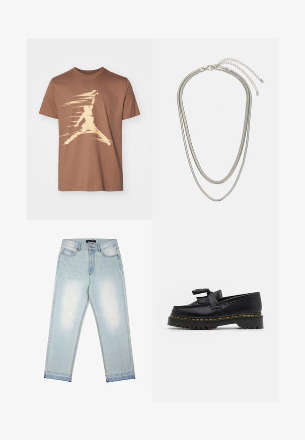 Jordan CREW - Apdrukāts T-krekls - archaeo brown/orange chalk/orange chalk; Pegador BARROW - Brīvi džinsi - sand washed blue; Melnas ādas mokasīni ar pērlītēm uzsvaru, ar masīvu melnu zoli un dzeltenu šuvumu gar malu. Ar teksturētu apdari.; Trīslīmeņu sudraba metāla kaklarota ar gludām, elastīgām ķēdēm, kas spīd, droši piestiprināta ar omā uzgali un regulējamu ķēdi.