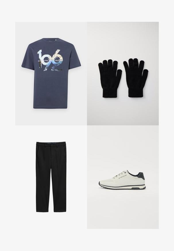 Námornícky modré bavlnené tričko s odvážnymi grafickými potlačami s číslami "1962" a textom značky, krátke rukávy a okrúhly výstrih.; Čierne nohavice so rovný strihom, vyrobené z textúrovaného materiálu. Obsahujú dve predné vrecká a gombíkový zapínací pás na páse.; Svetlosivé športové topánky s perforovaným dizajnom, čiernymi akcentmi, textúrovanou podrážkou a systémom šnurovania. Logo viditeľné na boku.; Čierne pletené rukavice s otvormi na prsty a rebrovanými zápästnými manžetami. Hladká textura, štandardný strih a jednoduchý dizajn. Ideálne na chladné počasie.