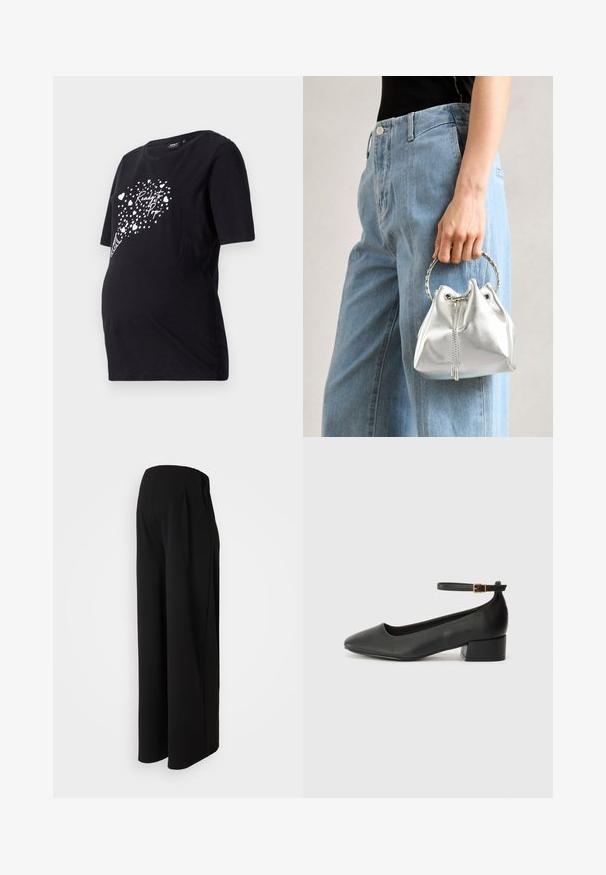 Crna majica za trudnice s kratkim rukavima s bijelim grafičkim prikazom srca i tekstom "Spremna za porođaj". Izrađena od mekanog pamučnog materijala.; Vero Moda Maternity VMMBECKY SUPER WIDE PANTS - Hlače - black; Crne kožne pumpe s oštrim vrhom i niskom blok petom. Sadrže remen oko gležnja s zlatnim kopčanjem. Glatka tekstura.; Metalna srebrna torba s teksturiranim završetkom, ukrašena srebrnim okruglim drškom i zatvaranjem na vezanje, drži se uz svijetloplave traperice.