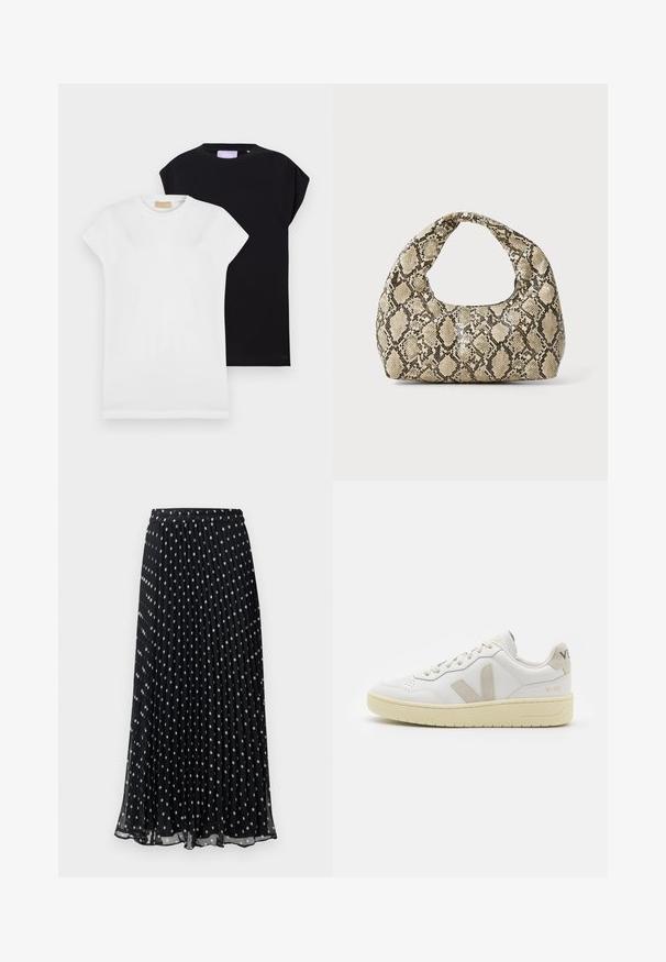 Du crunch trumpikų trumpomis rankovėmis, vienas baltas ir vienas juodas, abu pagaminti iš minkštos medvilnės, su apvalia iškirpte ir laisvu kirpimu.; Juoda plisuota midi sijonas su baltomis taškeliais, turintis elastingą juosmenį, užtikrinantį patogų prigludimą. Lengvas, sklandus audinys.; Balti odiniai sportbačiai su kreminiais zomšos akcentais, perforuota pirštų dalimi, plokščiomis raišteliais ir struktūruota kreminėmis padomis. Ant kulno yra subtilus ženklinimas.; Gyvatės rašto rankinė su kreiviu rankenėle. Pagaminta iš tekstūruotų smėlio ir rudos spalvos medžiagų, su išskirtiniu rombo raštu.