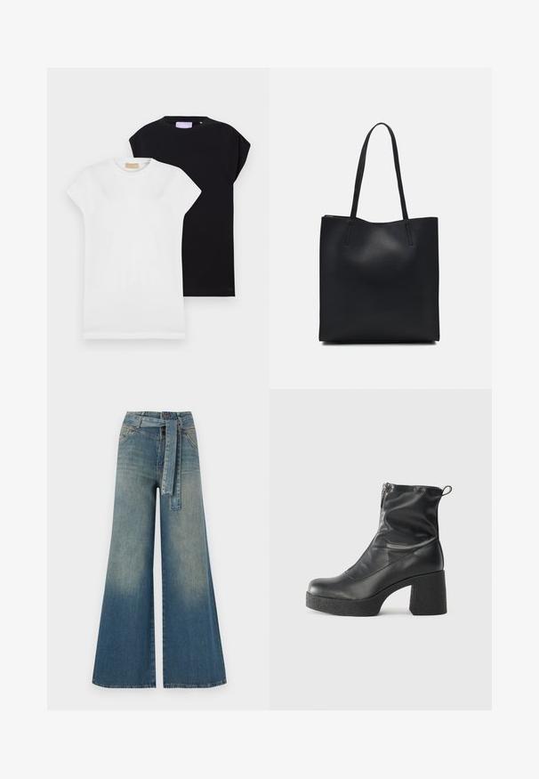 Dve tričká s krátkymi rukávmi, jedno biele a jedno čierne, vyrobené z mäkkej bavlny, so zaobleným výstrihom a vo voľnom strihu.; Džínsy s širokými nohavicami, ktoré majú prechod od svetlomodrej po tmavomodrú, vysoký pás, pútka na opasok a opasok z rovnakého materiálu. Textúrovaný denimový povrch.; Čierne členkové topánky z hladkej kože, so bočným zipsom, robustnou textúrovanou pätnou časťou a zaobleným dizajnom špičky.; Čierna kožená taška na rameno s hladkým povrchom, obdĺžnikovým tvarom a dvoma dlhými uchami. Bez viditeľného kovania alebo ozdôb.