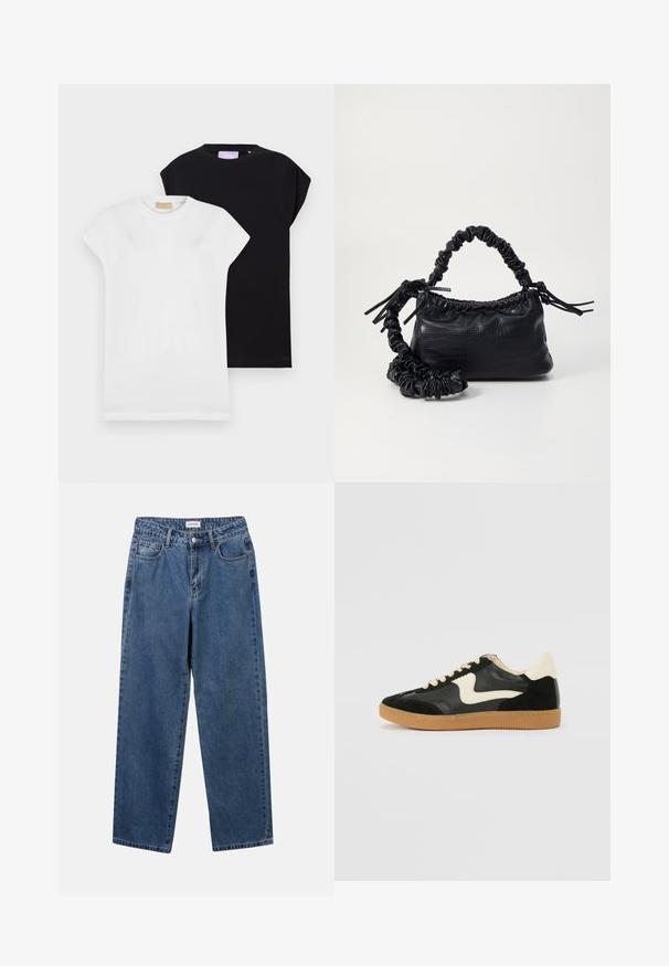 Dve tričká s krátkymi rukávmi, jedno biele a jedno čierne, vyrobené z mäkkej bavlny, so zaobleným výstrihom a vo voľnom strihu.; Klasické modré džínsy z denimu so strihom rovného strihu, piatimi vreckami a zapínaním na gombík. Majú stredné praním a pevnú textúru.; Čierne semišové a kožené tenisky s krémovým bočným prešívaním a svetlo krémovou pätou. Obsahujú béžové šnúrky a podošvu z gumeného kaučuku.; Čierna umelá kožená kabelka s kroko vzorom, sťahovaným vrchom a zhnutým popruhom. Vyzerá mäkko a kompaktné v dizajne.