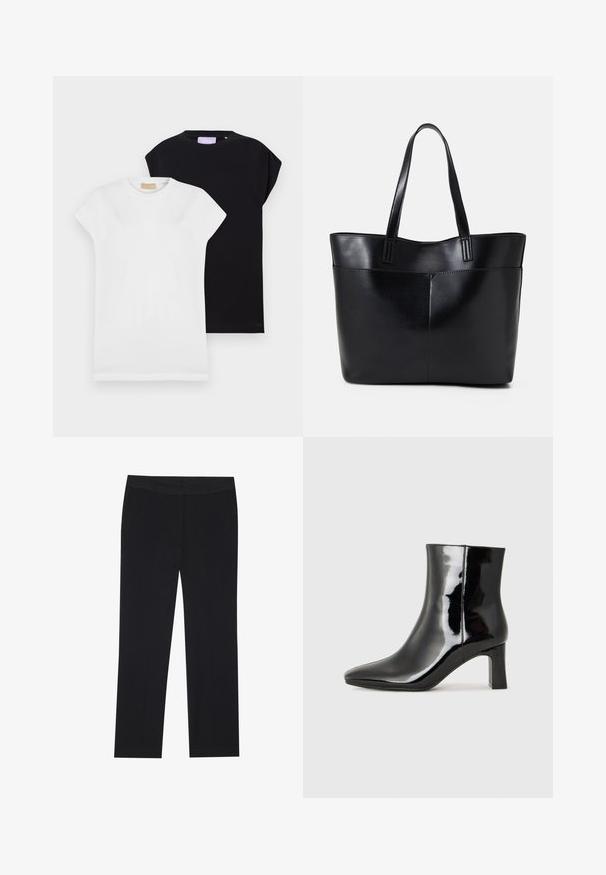 Dve kratke majice s kratkimi rokavi, ena bela in ena črna, obe iz mehkega bombaža, z okroglim izrezom in sproščenim krojem.; Črne hlače s ravnim krojem, opremljene z stranskimi žepi in gladkim tekstilnim materialom. Minimalistično oblikovanje, čist pas.; Črne lakirane gležnjarje z ošiljenim nosom in srednje visokim blokastim peto. Gladka tekstura in minimalističen dizajn.; Črna usnjena torba z dvema dolgima ročajema, gladko teksturo in strukturirano obliko. Ima sprednji žep za dodatno shranjevanje.