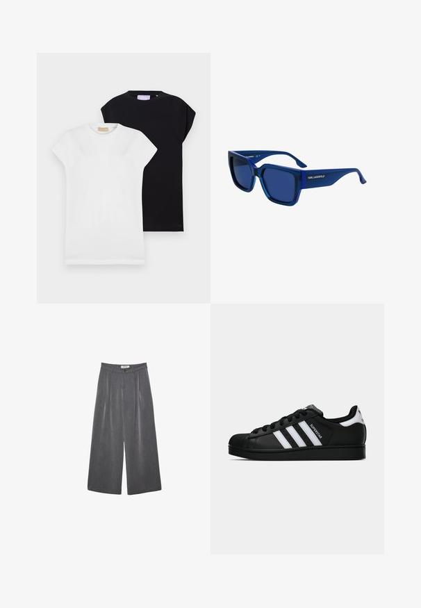 Dwie koszulki z krótkim rękawem, jedna biała, a druga czarna, obie z miękkiej bawełny, z okrągłym dekoltem i luźnym krojem.; Plisowane spodnie o szerokich nogawkach w ciemnoszarym materiale z subtelną teksturą. Posiadają zapięcie na guzik oraz klasyczny krój pasa.; Czarne sneakersy Adidas Superstar z białymi paskami, noskiem w kształcie muszli i napisem "Superstar" na boku, zaprezentowane w profilu bocznym na białym tle.; Niebieskie okulary przeciwsłoneczne z masywną plastikową oprawą, kwadratowymi soczewkami i delikatnym Gradientem. Nazwa marki "KARL LAGERFELD" na zauszniku.; Czarna skórzana torebka na ramię z zakrzywionym paskiem, gładką fakturą, prostokątnym kształtem, zamknięciem na zamek błyskawiczny oraz srebrnymi elementami.