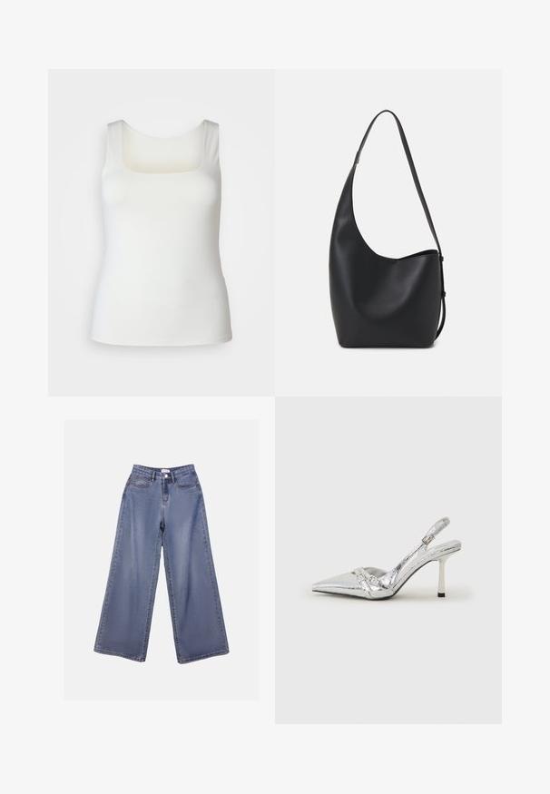 ONLY Carmakoma CAREA 2 WAYS FIT - Top - cloud dancer; Calças de ganga de perna larga numa lavagem azul clara, com uma cintura alta, bolsos frontais e fecho de botão com passadores para cinto.; Sapato de salto alto slingback prateado com bico fino, acabamento metálico, duas correias decorativas e um salto esbelto com ponta preta.; Saco hobo preto em pele com uma textura lisa, forma curva e uma única alça ajustável; apresenta uma abertura larga na parte de cima.