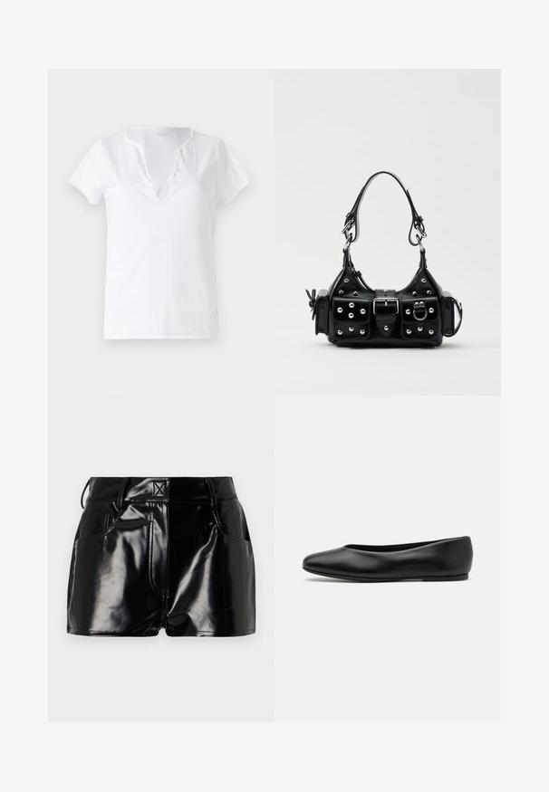 White cotton t-shirt with short sleeves, a relaxed fit, and a V-neckline featuring a placket with five decorative buttons.; Black, glossy shorts made of synthetic material. Features a fitted waist, belt loops, and front pockets with prominent stitching details.; Paul Smith TOPANGA - Ballet pumps - black; Black leather handbag with a curved design, featuring silver studs, a buckle, and two side pockets. Adjustable strap for carrying options.