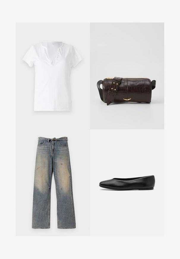 Biała bawełniana koszulka z krótkim rękawem, luźny krój i dekolt w kształcie litery V z plisą ozdobioną pięcioma guzikami.; Jasnoniebieskie dżinsy z luźnym krojem prostym. Posiadają efekty przetarć, blaknięcia oraz postrzępienia w okolicy kolan. Klasyczny pięciopocketowy styl.; Paul Smith TOPANGA czarny; Brązowa torba ze skóry z tłoczeniem krokodyla w kształcie cylindrycznym, z metalowymi elementami w kolorze złotym oraz odczepianym paskiem z ćwiekami.
