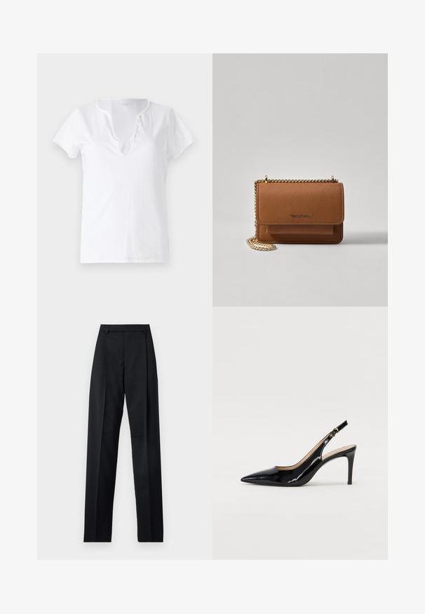 White cotton t-shirt with short sleeves, a relaxed fit, and a V-neckline featuring a placket with five decorative buttons.; Black trousers made from smooth fabric featuring a high waist, wide legs, front pleats, and classic belt loops. No side pockets visible.; Black patent leather slingback pump with pointed toe, slim heel, and a subtle cutout design. Features a gold buckle on the strap.; Brown textured leather crossbody bag with gold chain strap and flap closure. Front features logo detail and a pocket under the flap.