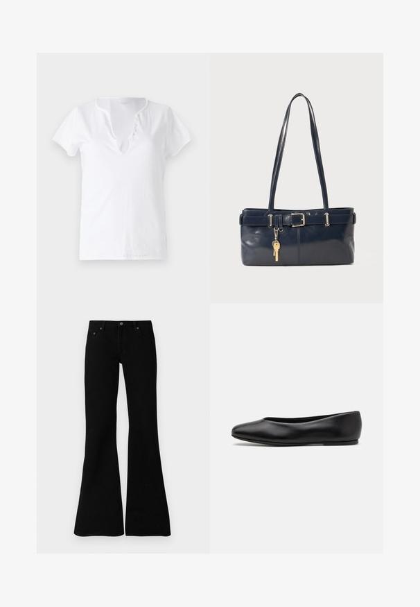 Balta kokvilnas T-kreklis ar īsām piedurknēm, brīvpiekļuve, un V-veida kakla izgriezums ar piecām dekoratīvām pogām.; Melnas izsistās džinsus, kas izgatavoti no džinsa auduma, ar klasisku piecu kabatu dizainu, pogu aizdari un smalkiem šuvju izšuvumiem gar vīlēm.; Paul Smith TOPANGA - Balerīnas laiviņas - black; Jūras spēku stila ādas rokassoma ar divām garām rokturiem, ar sprādzi un pievienotu atslēgu piekariņu. Iezīmējas ar gludu tekstūru un taisnstūra formas.