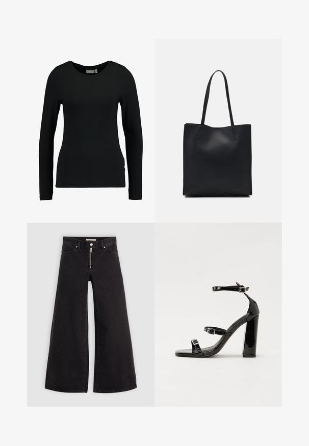 Črna majica z dolgimi rokavi, izdelana iz mehkega bombažnega blaga z dodatkom. Ima krojen ovratnik in ustrezno silhueto z gladko teksturo. Brez vzorcev ali dodatkov.; Široke traperice iz črnega denima z zadrgo spredaj, petimi žepi in diskretnimi šivi. Gladka tekstura in ležeren slog.; Črne lakirane sandale s peto, kvadratnim prstom, trakovi okrog gležnja in srebrnimi zaponkami. Opremljene so s stabilno Debelo peto.; Črna usnjena torba s svilnato teksturo, pravokotne oblike in dvema dolgima ročajema. Brez vidnih metalnih delov ali okrasnih elementov.