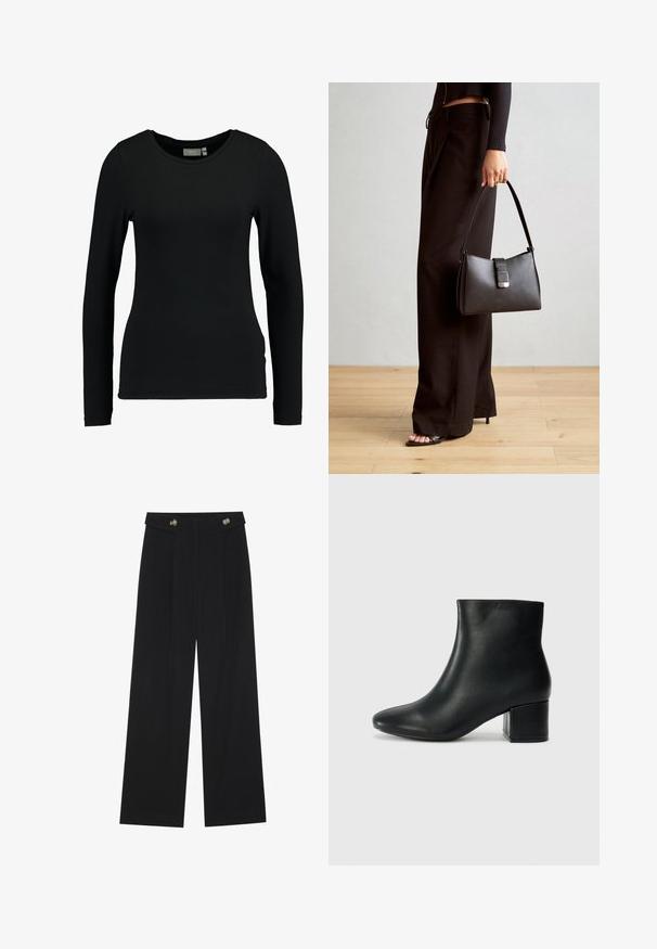 Crna majica dugih rukava napravljena od mekog pamuka. Ima urezanu bočnu i usku siluetu s glatkom teksturom. Nema uzoraka ili ukrasa.; Crne hlače širokih nogavica s visokim strukom, s dugmadi na pojasu i prednjim nabora.; Crne kožne čizme do članaka s uskim vrhom i debelim potplatom. Glatka tekstura s minimalnim detaljima i elegantan, prilagođen dizajn.; Crna torba s oblikom koji sadrži strukturu, glađu teksturu i metalnu kopču. Uparena s širokim crnim hlačama i sandalama na otvorenom s drvenog poda.