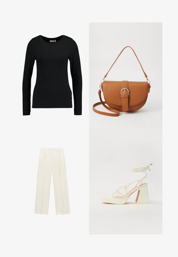 Cămașă neagră cu mânecă lungă, realizată dintr-o țesătură moale din bumbac cu amestec. Are un decolteu rotund și o siluetă ajustată cu o textură netedă. Fără modele sau accente.; Pantaloni cu picioare largi, de culoare crem deschis. Realizați dintr-un material neted, cu plisuri în față și buzunare laterale.; Sandale albe cu toc înalt și gros, cu un design cu curele și legătură la gleznă. Textură netedă, cu o platformă frontală pentru înălțime suplimentară.; Geantă din piele maro, tip crossbody, cu o formă curbată, accesorii aurii și un accent cu cataramă. Dispune de un curea de umăr detașabilă.