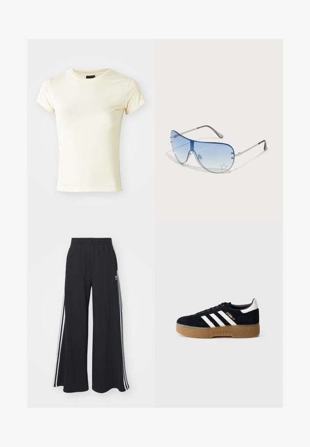 Kreemikaalune lühikeste varrukatega T-särk on valmistatud pehmest kangast, millel on ümar kaelus, ning see omab vormitud lõiget ilma nähtavate mustrite või aktsentideta.; Mustad laiad trenni püksid elastse vöökohtaga, millel on valged küljeribad ja tikitud logo vasakul reiel.; Mustast seemisest toss mustade valgete kolmetriipude ja kuldse logoga. Kummist tald tekstuuriga haardega. Klassikalise madala variandiga, ümara varbaga.; Aviatori prillid, millel on gradient sinine objektiiv, hõbedane metallraam ja dekoratiivsed staaraktsendid objektiivil. Sujuv ja stiilne disain.