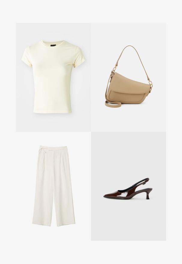 Krémové krátké rukávy tričko vyrobené z měkkého materiálu s kulatým výstřihem, s přiléhavým střihem a bez viditelných vzorů nebo akcentů.; Kalhoty širokého střihu v off-white látce s hladkým povrchem. Mají zavázaný pas a na přední straně jsou plisé, navrženy pro pohodlné nošení.; Hnědé lakované kožené slingback boty s špičatou špičkou a mírným podpatkem. Disponují přezkou pro bezpečné upevnění. Hladký povrch.; Even&Odd Kabelka - beige